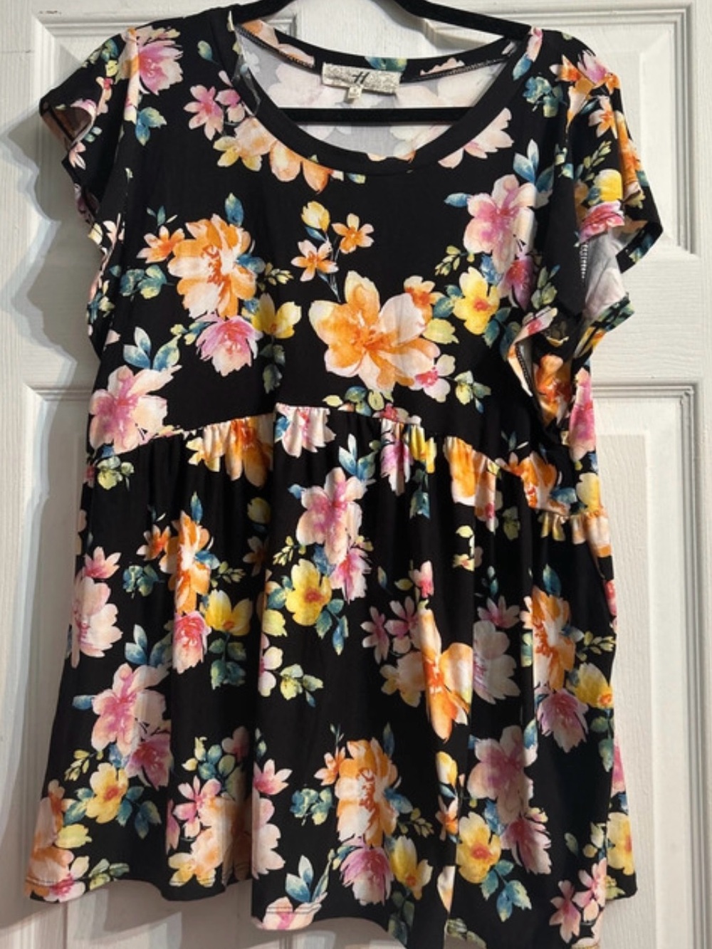Floral Babydoll Tunic Top - Black with Multicolor Flowers